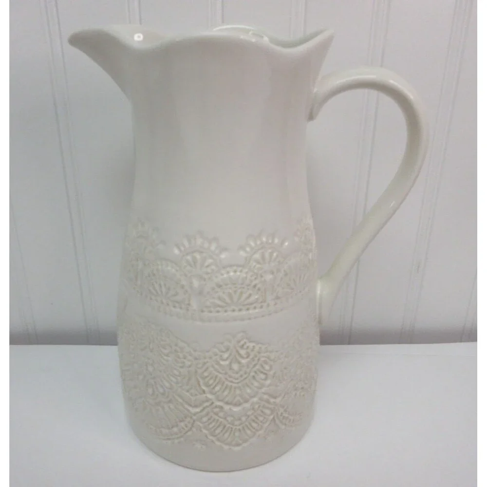 Pioneer Woman Vintage Lace Linen 9 inch White Ceramic Pitcher New